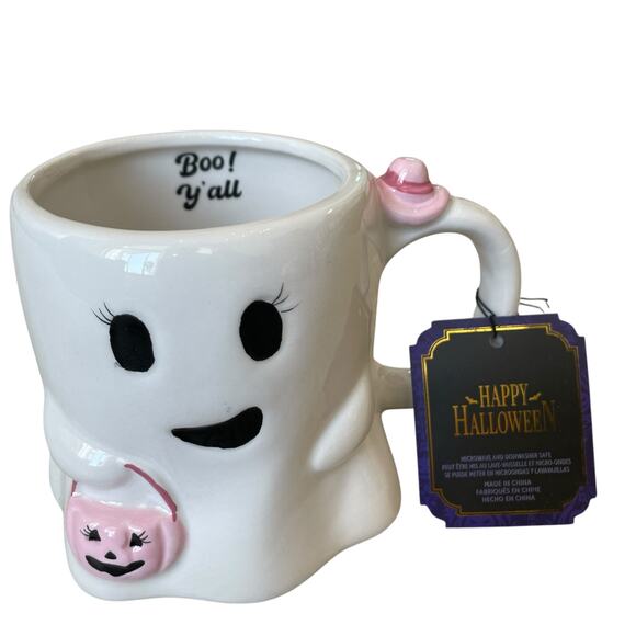Halloween Ghost Mug With Pink Pumpkin 17oz Cute Ceramic BOO Y'ALL Coffee Cup NEW - Picture 1 of 12